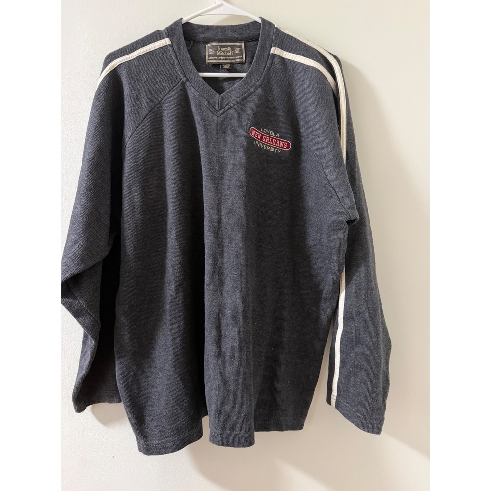 Jones & Mitchell Pullover Men M Grey Good Loyola New Orleans V-Neck Stripe